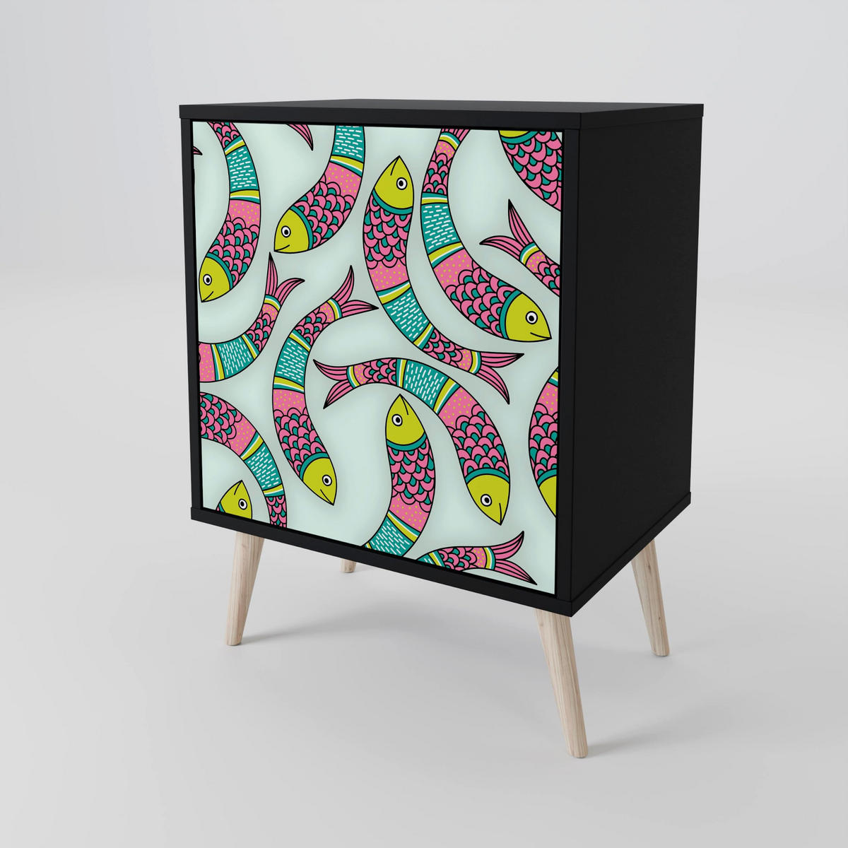 SIDEBOARD INDIAN FISH, Schwarz, 57,5x42x67,5 cm, Schwarze Metall-Rahmenfüße - Multicolor/Schwarz, Holzwerkstoff/Metall (57.5/67.5/42cm) - SpaceRebels