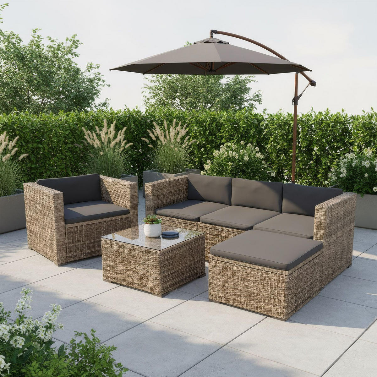 LOUNGEGARNITUR Punta Cana inkl. Abdeckung 4-tlg. - Hellbraun/Grau, Kunststoff - Juskys