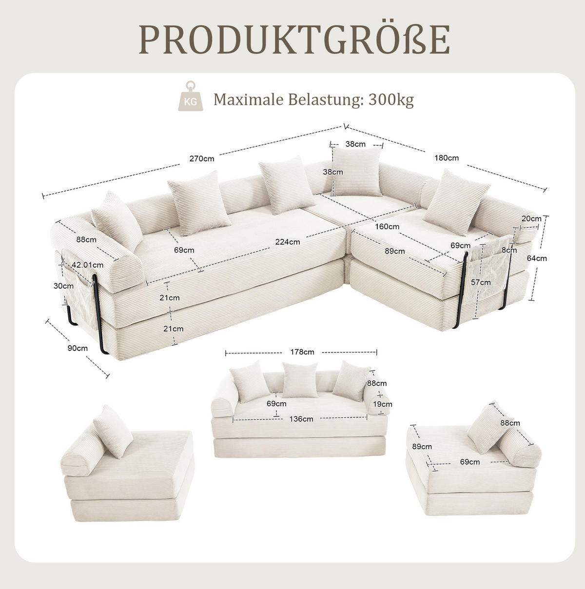 MODULARES Schlafsofa 270/180/64 cm aus Cord mit Seitentasche Beige - Beige, Textil (180/64/270cm) - Modenvie