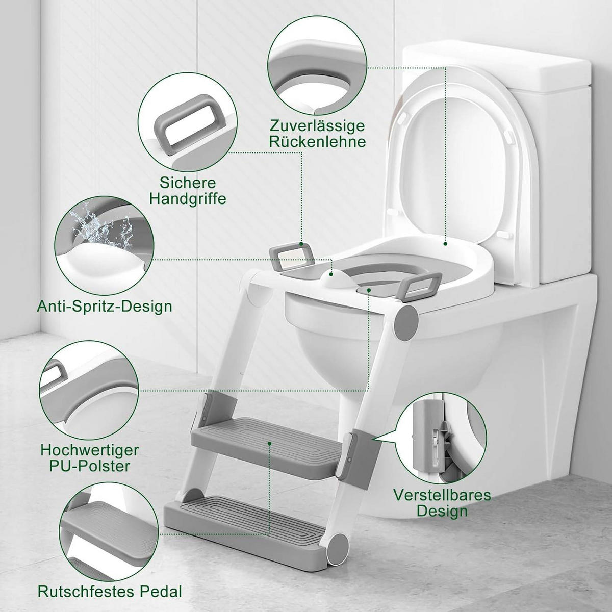 TOILETTENSITZ Kinder mit Treppe, 2 Stufen höhenverstellbar - Weiß/Grau, Kunststoff (38/45/35cm) - Woltu