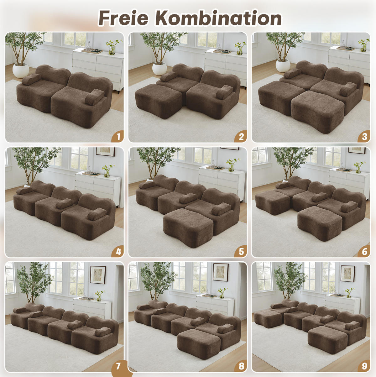 ECKSOFA Braun aus Samt mit Wellenform und Ottomane - Braun, Textil (167/384cm) - Flora Grace