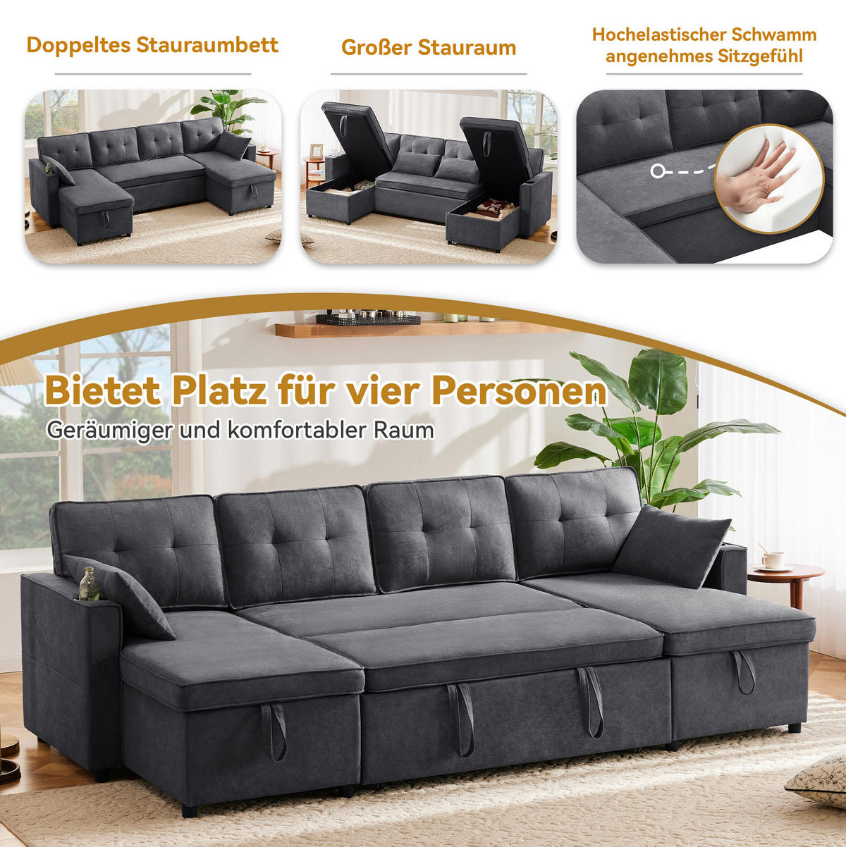 SCHLAFSOFA 270/130/86 cm in Grau – ausziehbar mit Stauraum - Grau, Textil (130/86/270cm) - BEAOK