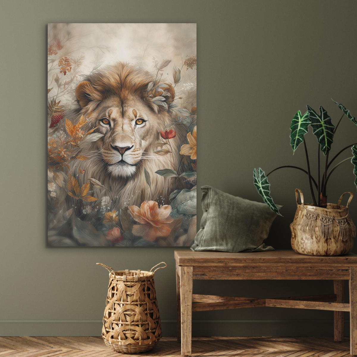 AKUSTIKBILD Löwe - Wildtiere - Pflanzen - Natur - Blumen Wanddeko 60x90 cm - Beige, Kunststoff (60/90/0.9cm) - MuchoWow