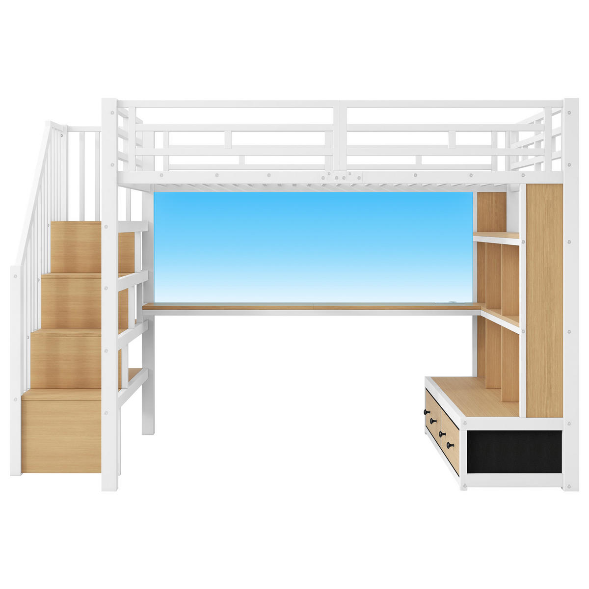 HOCHBETT 140/200 cm DE-03429, mit Schreibtisch, Regalen und zwei Schubladen, in Weiß - Weiß, Holzwerkstoff/Metall (140/200cm) - ComfortXL
