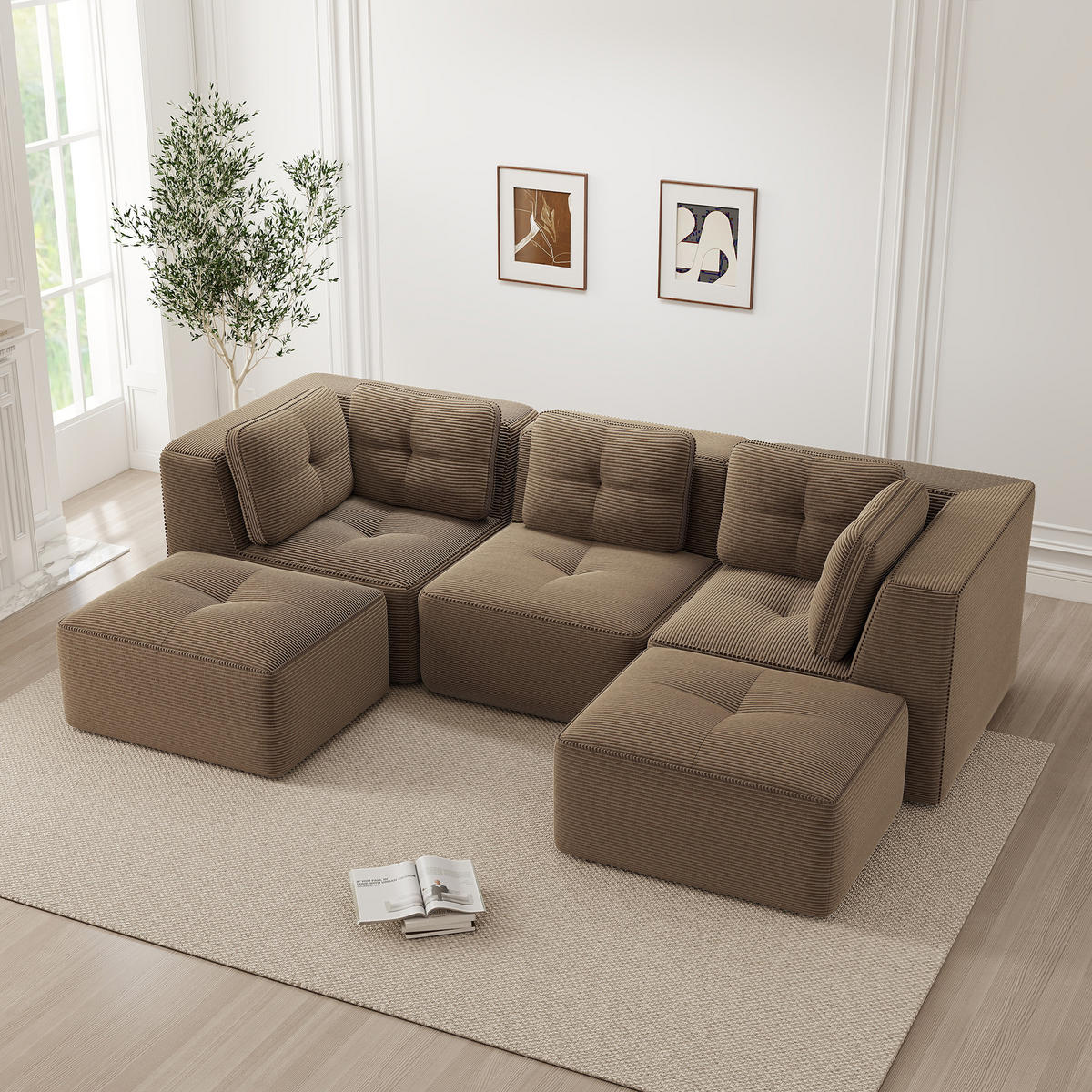 3-SITZER Sofa 297×177×69 cm Cordstoff rahmenlos modular mit 2 Ottomanes, braun - Braun, Textil (177/69/297cm)