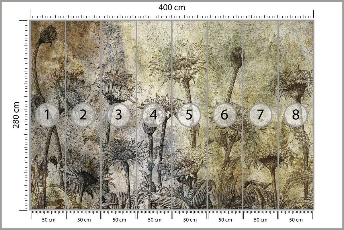FOTOTAPETE Abstrakte Sonnenblumen Beton Retro 400x280 - Beige/Braun, Papier (400/280cm) - Muralo