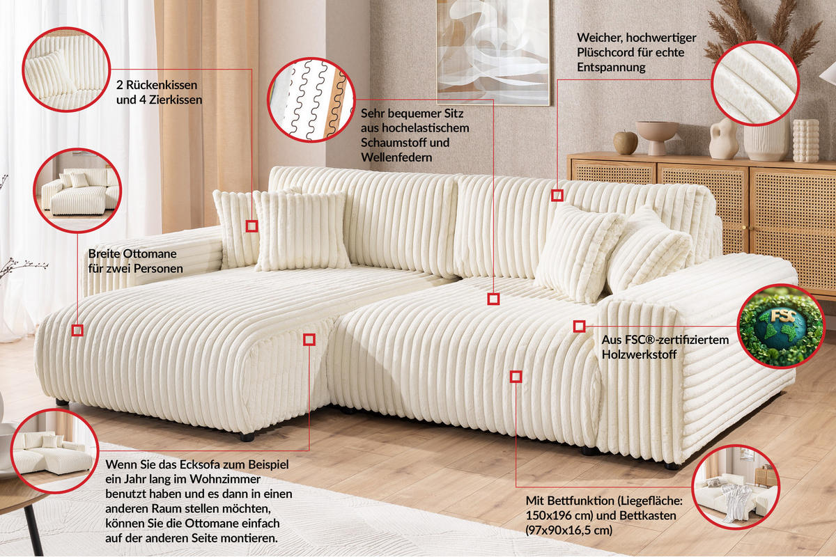ECKSOFA Mollis Hellbeige Plüschcord - Ottomane Links - Beige/Schwarz, Holz/Kunststoff (255/168cm) - S-Style Möbel