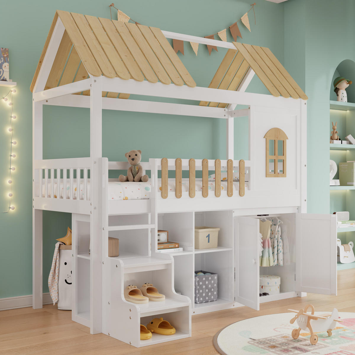 ETAGENBETT 90/200 cm in Weiß & Natur mit Regal, Schrank und Treppe - Weiß/Naturfarben, Holz/Holzwerkstoff (90/200cm) - WISHDOR