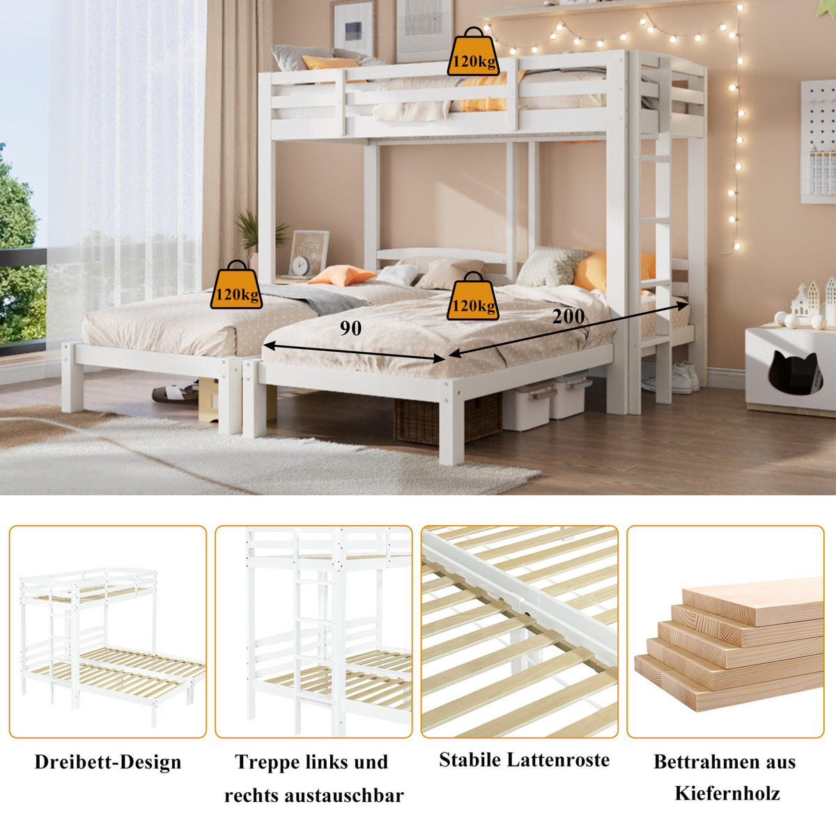 ETAGENBETT aus Kiefer 90x200 cm Weiß mit Seitenleiter, Dreierbett für Kinder und Jugendliche - Weiß, Holzwerkstoff (90/200cm) - Modfu