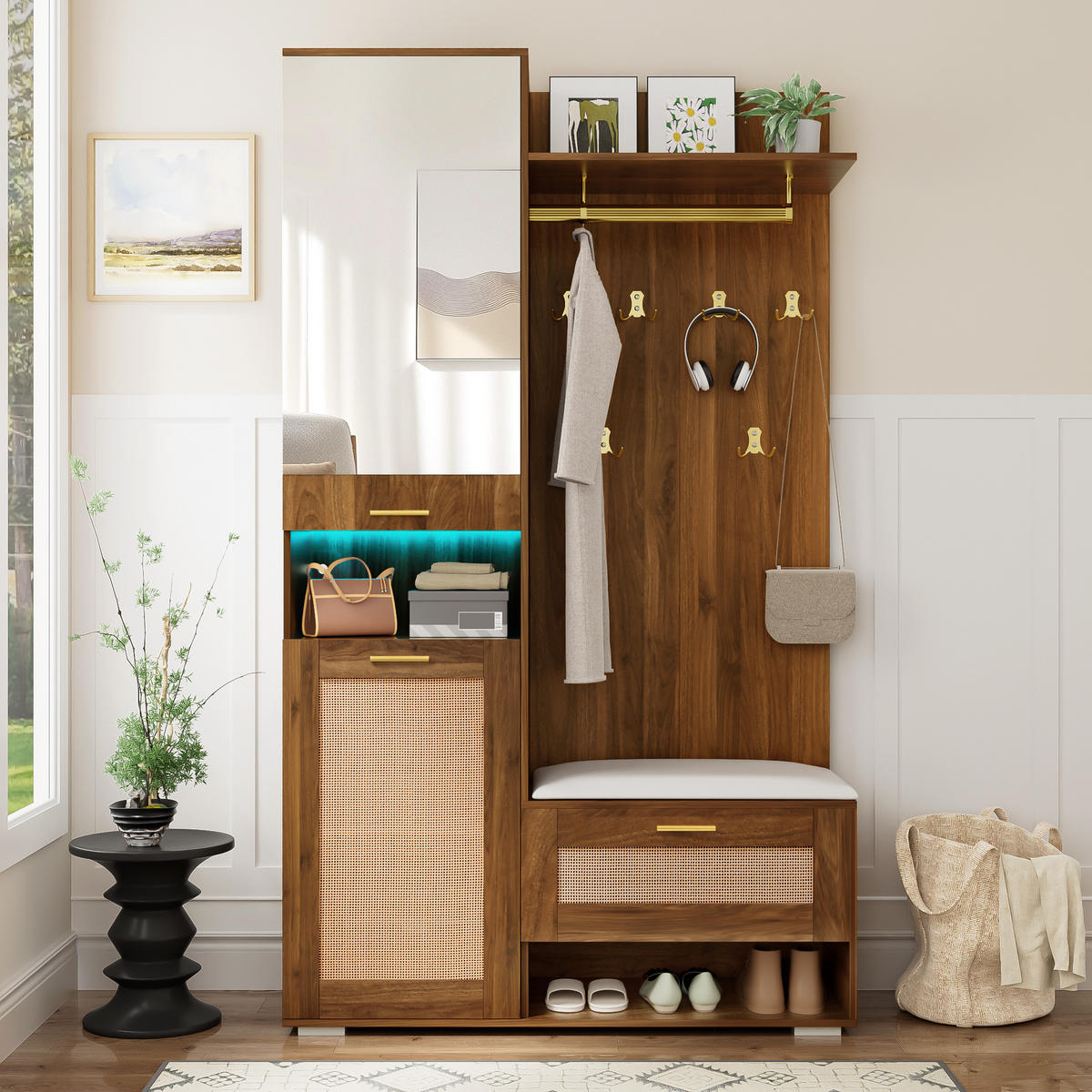 SCHUHSCHRANK aus MDF & Spanplatte 110x38x190cm in Walnuss mit Spiegel & LED - Walnussfarben, Holzwerkstoff (110/190/38cm) - Modfu