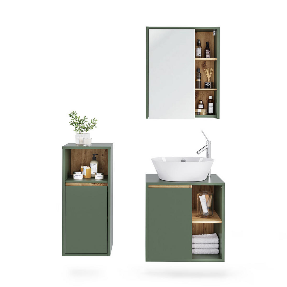 SADA KOUPELNOVÉHO NÁBYTKU Viola Zelená/umělecká - dub artisan/zelená barva, kompozitní dřevo (60/60/45.5cm) - Vicco