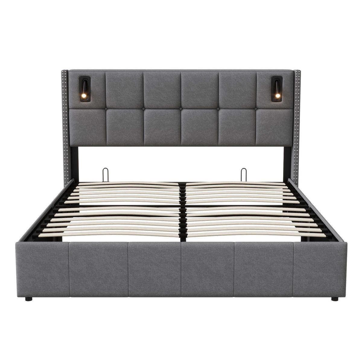 BETT mit Stauraum 140/200 cm, mit 2 zylindrischen LED-Lampen, Stauraum, USB-A/C-Aufladung, Holzlattenrost, Metallrahmen, gepolstertes Samtbett – Grey - Grau, Holzwerkstoff (140/200cm) - Brevoria