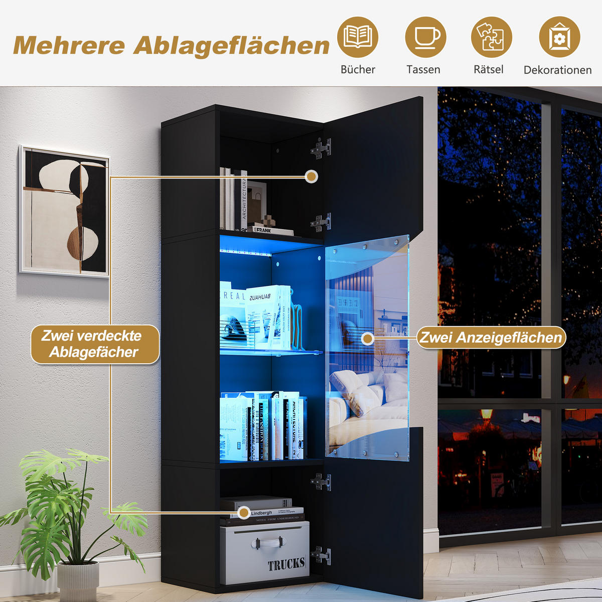 VITRINE LED Hochglanz Vitrinenschrank Wellenoptik 165cm Schwarz - Schwarz, Holzwerkstoff (35/165/50cm) - FLIEKS