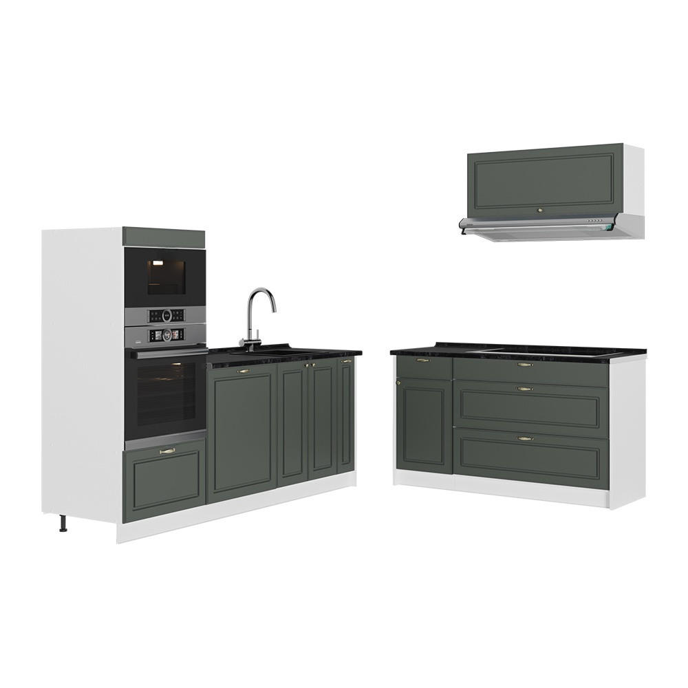 KÜCHENZEILE Fame-Line, Grün-Gold Landhaus/Weiß, 340 cm ohne Arbeitsplatte - Weiß/Grün, Holzwerkstoff (340/153.6/51.6cm) - Vicco