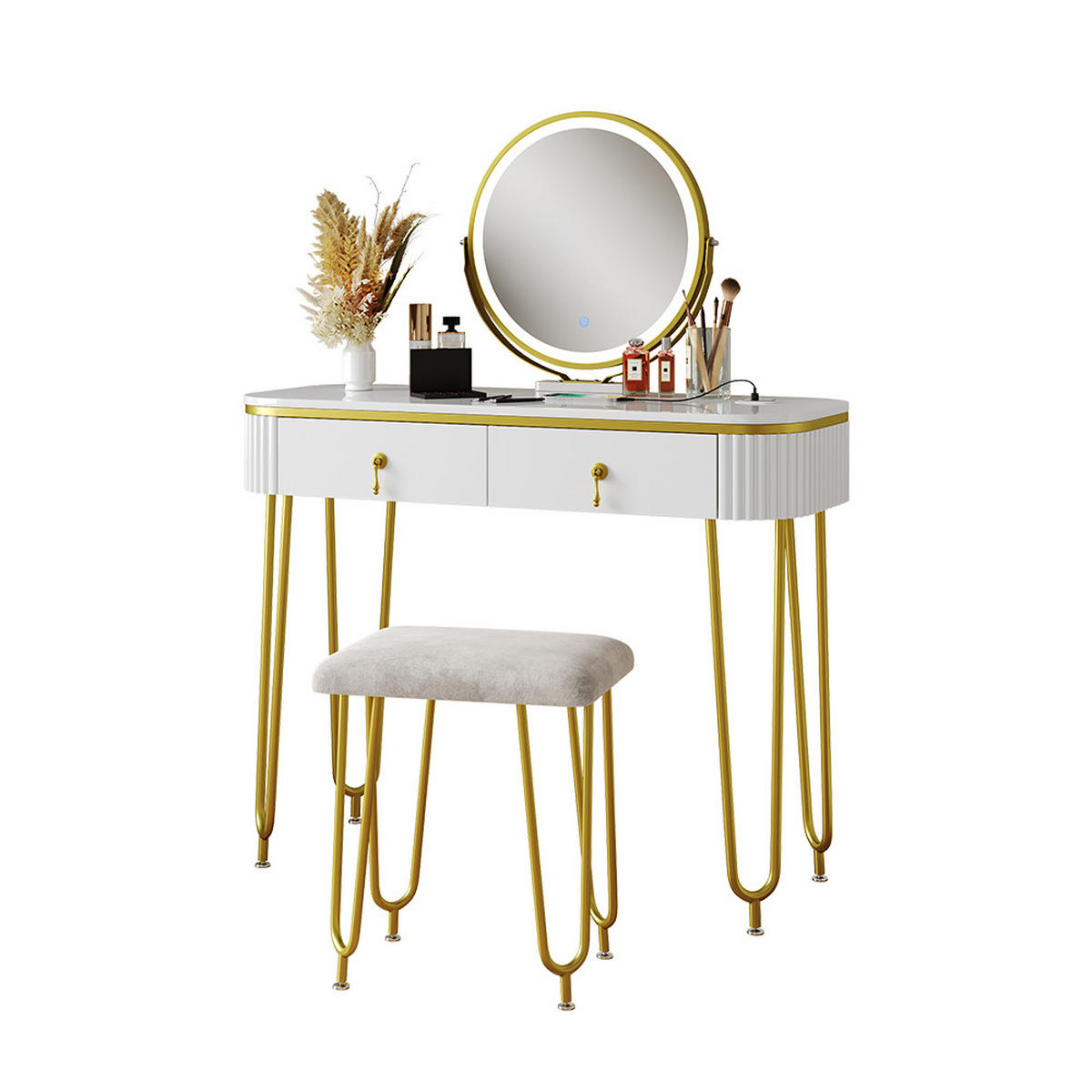 SCHMINKTISCH Grace Weiß 100 cm mit LED-Spiegel QI-Ladestation und Hocker - Weiß Hochglanz, Holzwerkstoff (100/126/40cm) - Vicco