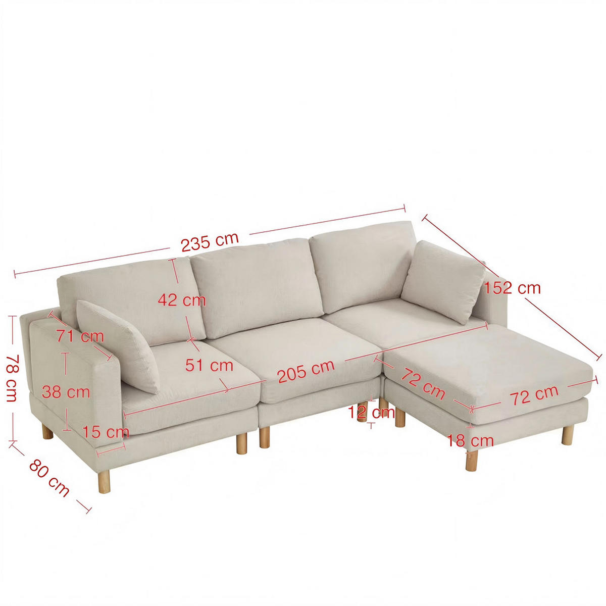 ECKSOFA Hocker Polyester 235x152cm Beige Taschenfederkern Holzfüße - Beige, Textil (152/235cm) - Raelunyi