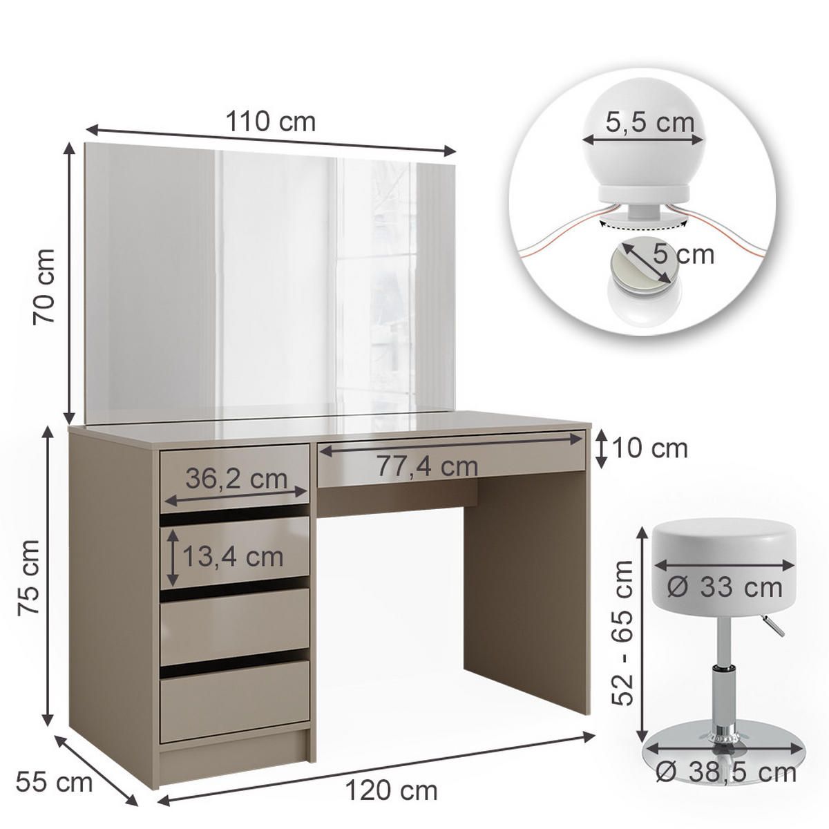 SCHMINKTISCH Sherry Greige 120 cm mit LED Beleuchtung und Hocker - Greige, Holzwerkstoff (120/75/55cm) - Vicco