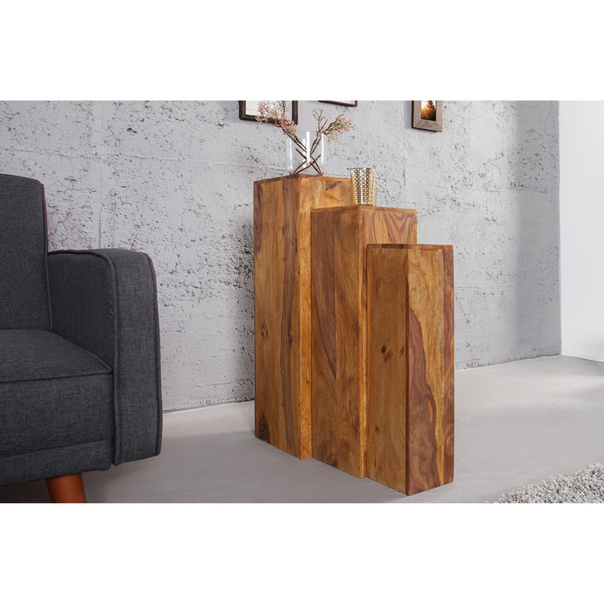 DEKO SÄULENSET MAKASSAR Sheesham Stone Finish 80 cm 3-teilig - Braun, Holz (25/80/25cm) - riess-ambiente