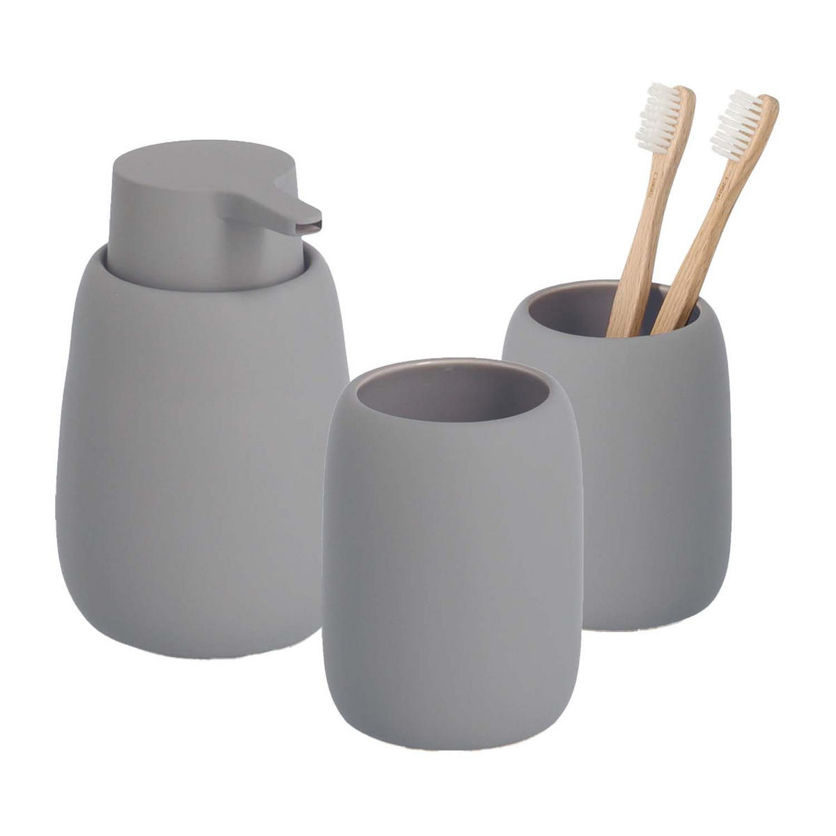 BADACCESSOIRES - Keramik, Grau, 3-teiliges Set - Grau, Keramik (8.8/13.7/8.8cm) - Zeller Present