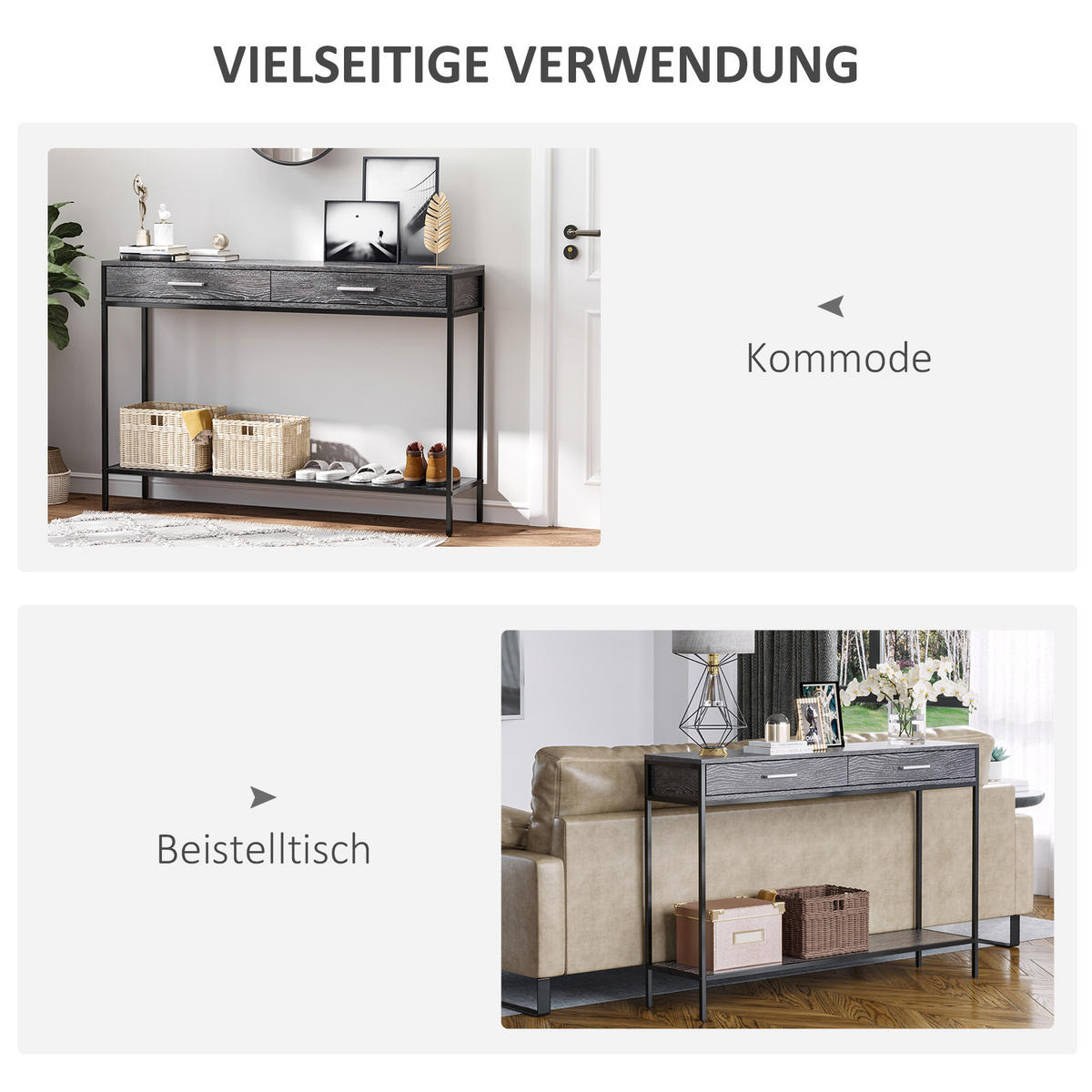 KONSOLENTISCH 2 Schubladen, 120 x 30 x 81,5 cm - Dunkelgrau/Grau, Holzwerkstoff/Metall (120/30/815cm) - HOMCOM
