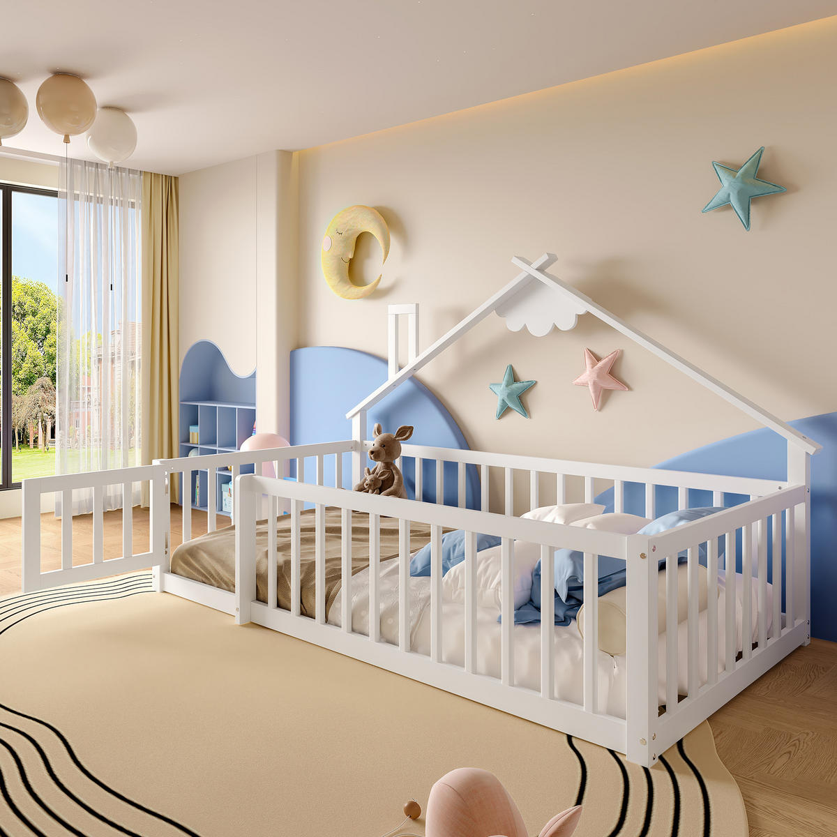 FLACHBETT 90x190cm Weiß Kiefer Kinderbett Hausleiste Geländer - Weiß, Holz (90/190cm) - FLIEKS