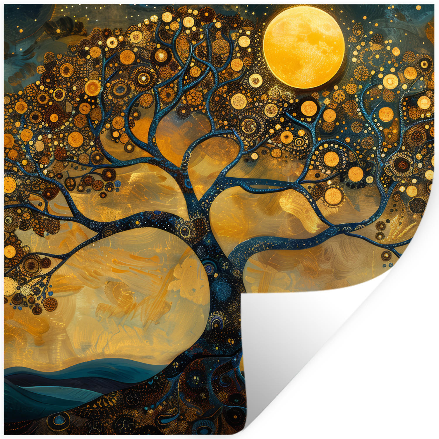 WANDTATTOO Baum - Mond - Blumen - Gold - Kunst 50x50 cm - Orange, Kunststoff (50/50/0.1cm) - MuchoWow