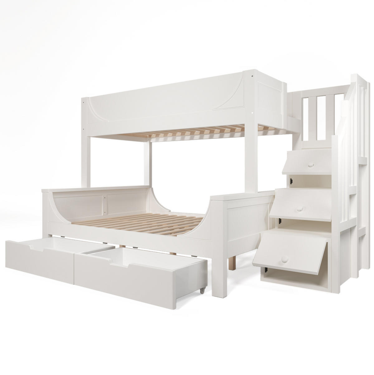 PATROVÁ postel 90/200 a 140/200 cm bílá z dřeva a kovu s úložným schodištěm a zásuvkami - bílá, kov (90/200cm) - OKWISH