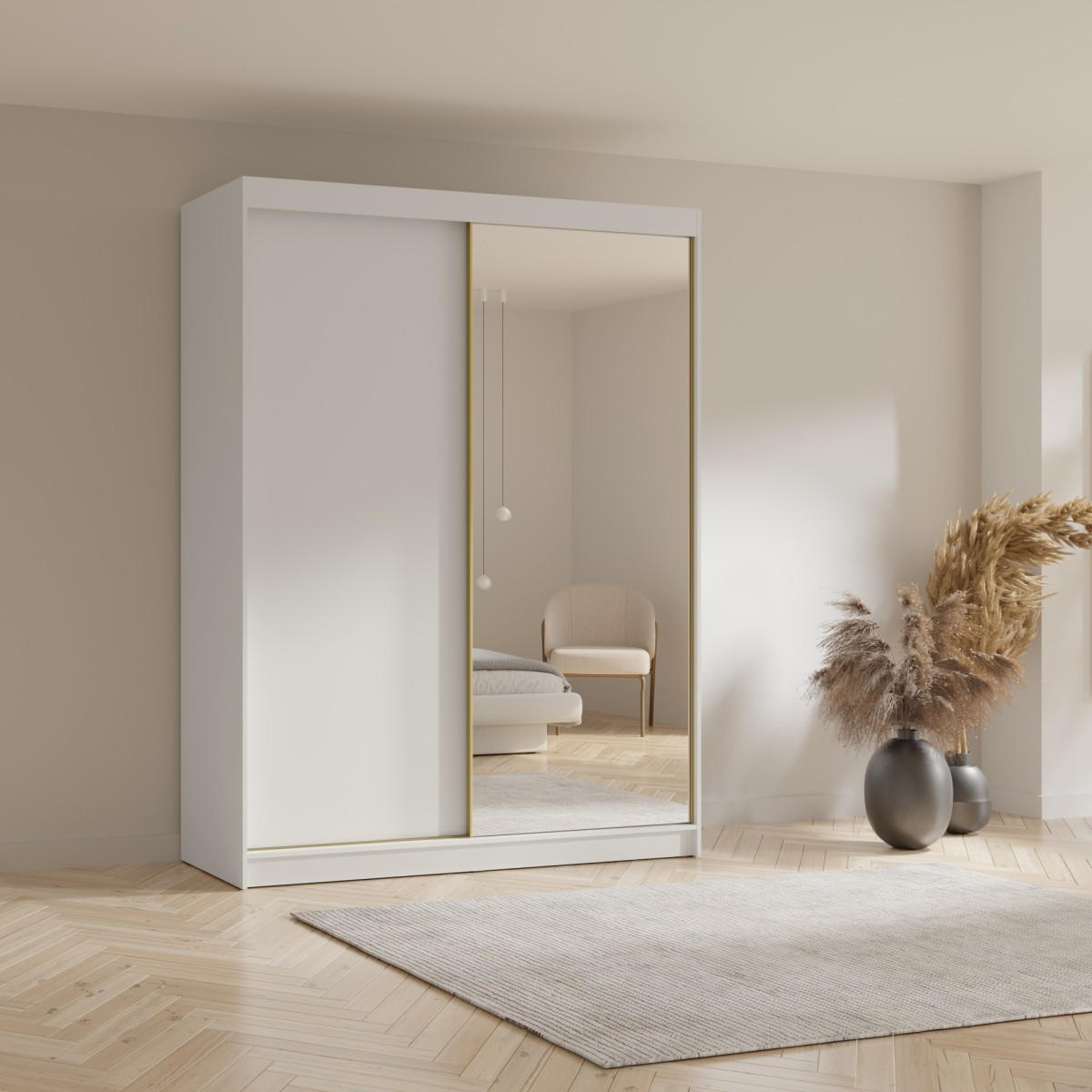 SCHWEBETÜRENSCHRANK mit Spiegel Fiore Plus 2D1L 180 Weiß/Gold - Goldfarben/Weiß, Holzwerkstoff/Metall (180/236/60cm) - mzm24