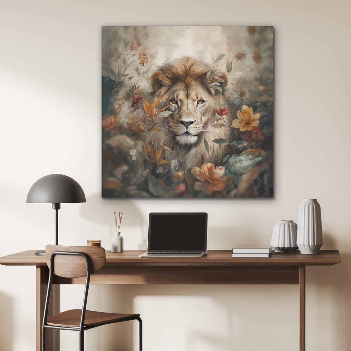 AKUSTIKPANEEL Löwe - Wildtiere - Pflanzen - Natur - Blumen 90x90 cm - Beige, Textil (90/0.9/90cm) - MuchoWow