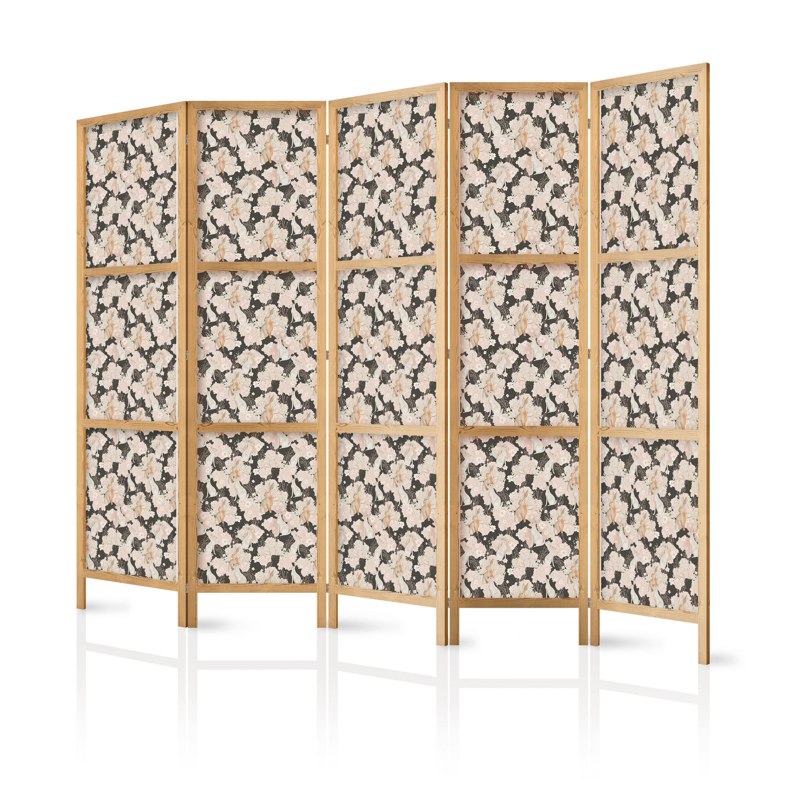 PARAVENT Japanischer 5-tlg 225x172 cm Hasen und Blumen - Multicolor, Holz/Textil (225/172/3cm) - Muralo