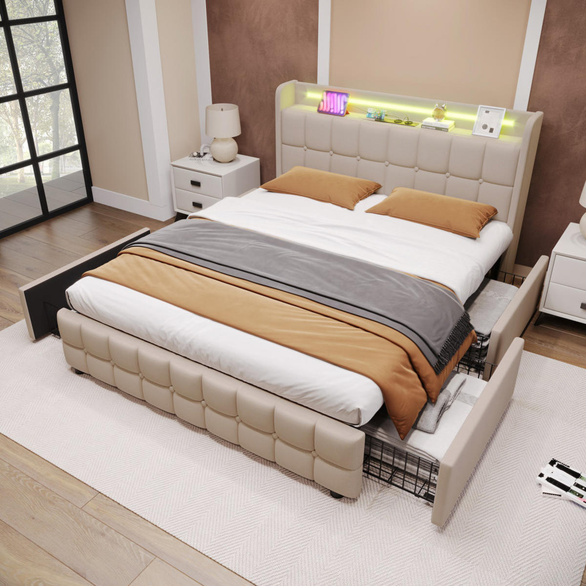 POLSTERBETT 140x200 cm, mit LED-Lichtleiste und 4 Schubladen, Lattenrost, Stauraumbett, Leinen, Beige, ohne Matratze - Beige, Holz (140/200cm) - WoodenAura