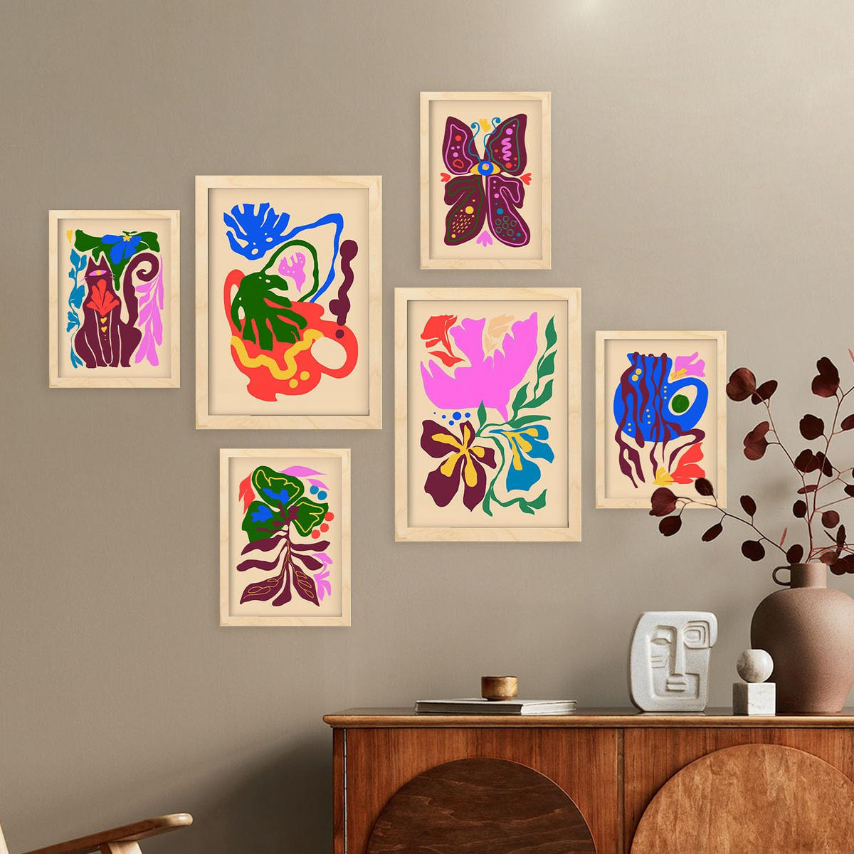 POSTER Set Mit 6 Malerisch 4 In Blume Zusammenfassung Ästhetische Dekorative Gemälde Für Ihr Wohnzimmer Zuhause A3 & A4 Rahmen Aus Hellem Holz - Beige, Papier (29/3cm) - Nacnic