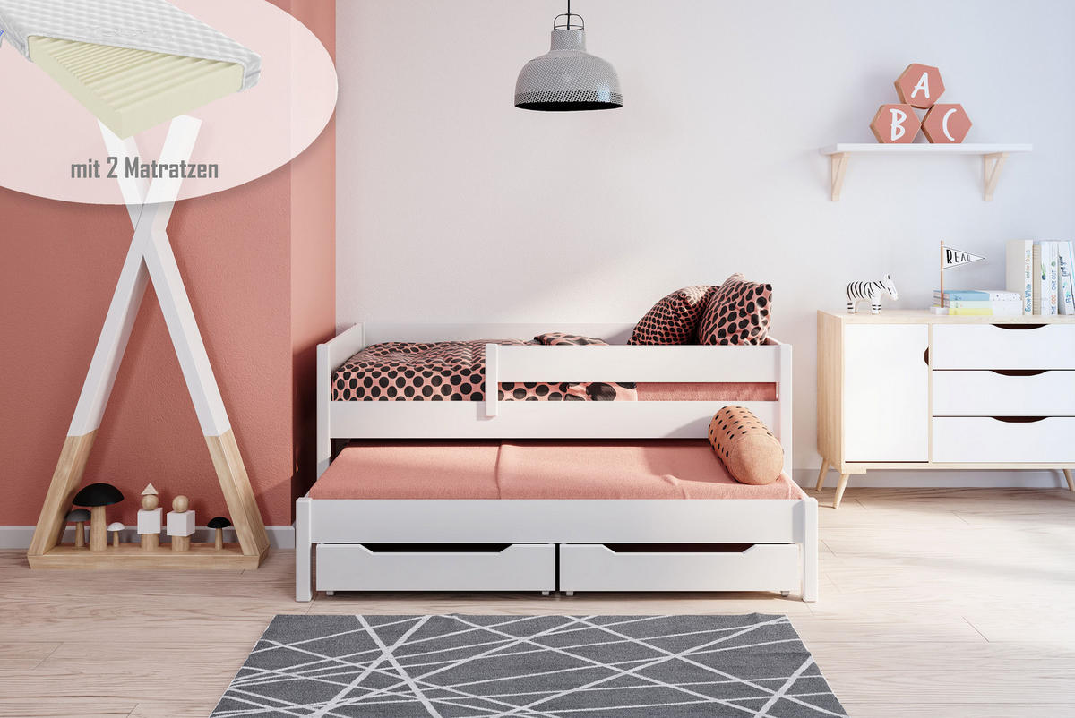 AUSZIEHBETT Junior 160x80 weiß mit Schubladen und Matratzen - Weiß, Holzwerkstoff (80/160cm) - LUKDOM