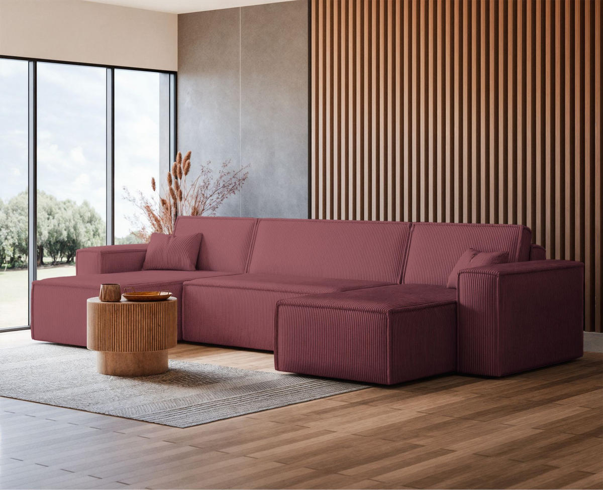 WOHNLANDSCHAFT Scarlo Dunkelrosa Cordbezug - Dunkelrosa/Schwarz, Kunststoff/Textil (244/83/145cm) - Selsey