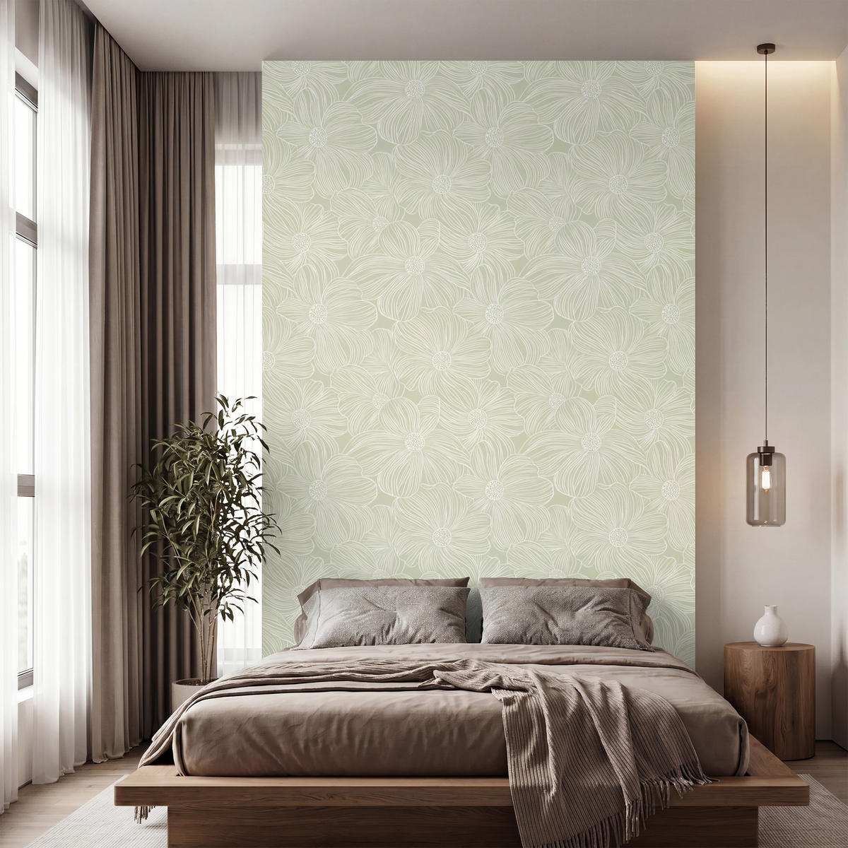TAPETE - Gelassenheit - Blumen - Grün - 160x280 cm - Salbeigrün, Papier (160/280cm) - OnlyWow