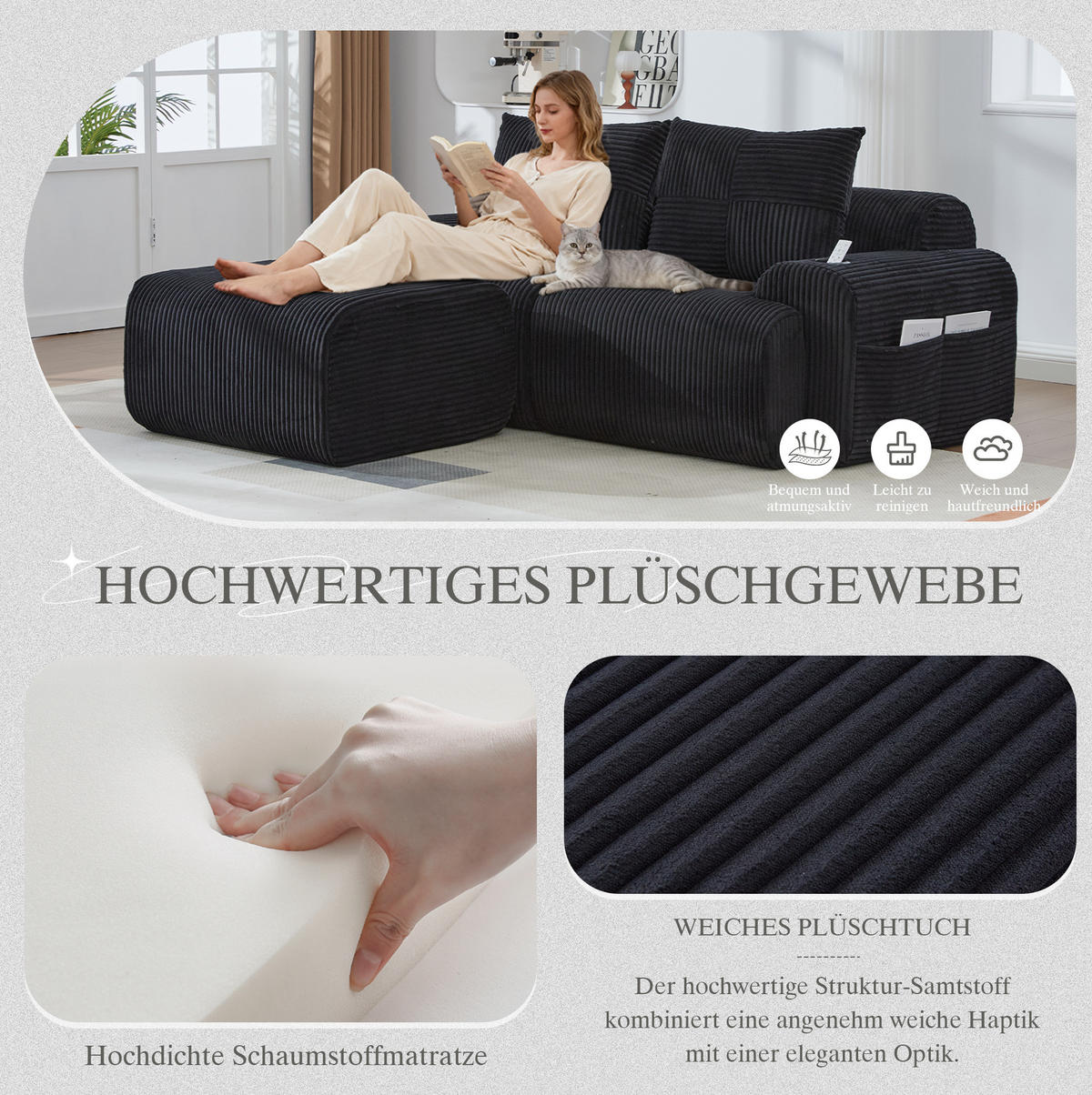 ECKSOFA 200/174/80 cm schwarz aus Cord mit Cupholder und Tasche - Schwarz, Textil (174/200cm) - OKWISH