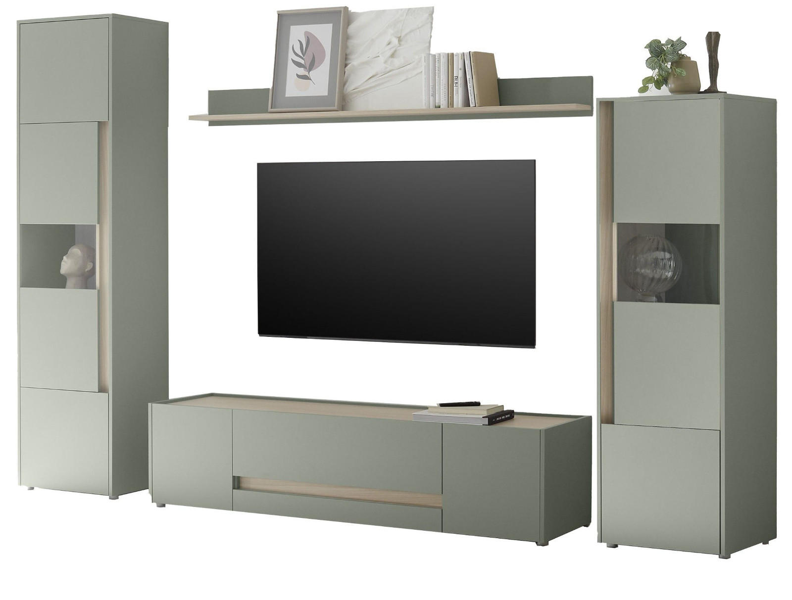 WOHNWAND Set 4-teilig 310 cm, Salbei grün, Eiche Barista, Komplettset mit viel Stauraum - Salbeigrün/Eichefarben, Glas/Holzwerkstoff (310/197/45cm) - Furn.Design