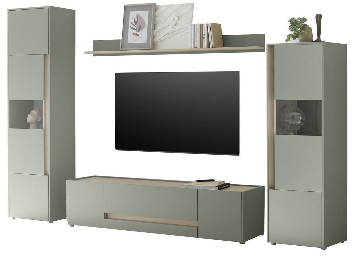 WOHNWAND Set 4-teilig 310 cm, Salbei grün, Eiche Barista, Komplettset mit viel Stauraum - Salbeigrün/Eichefarben, Glas/Holzwerkstoff (310/197/45cm) - Furn.Design