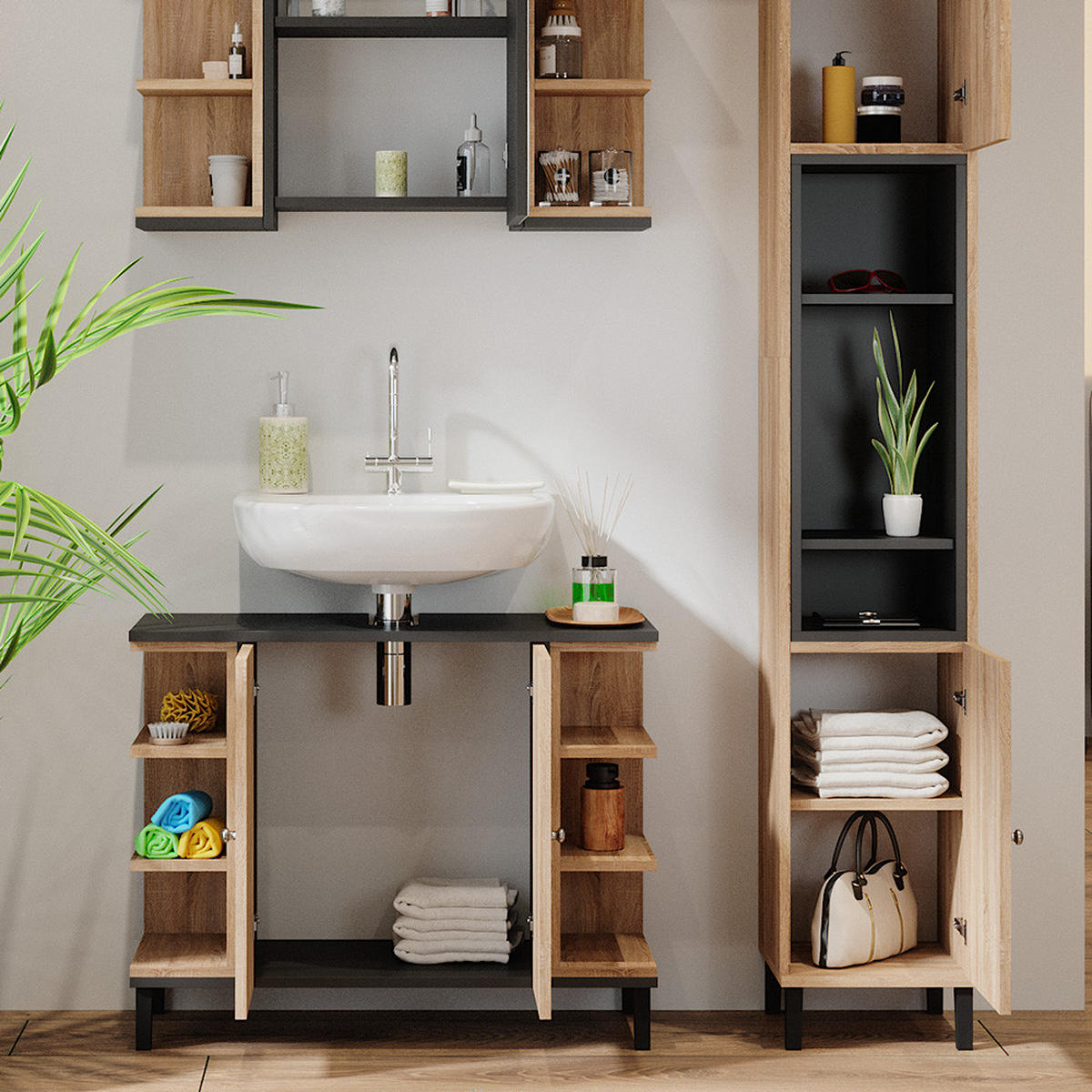 BADMÖBEL-SET Aquis Sonoma 3 Teile, mit Hochschrank - Anthrazit/Sonoma Eiche, Holzwerkstoff (79.6/64/32cm) - Vicco