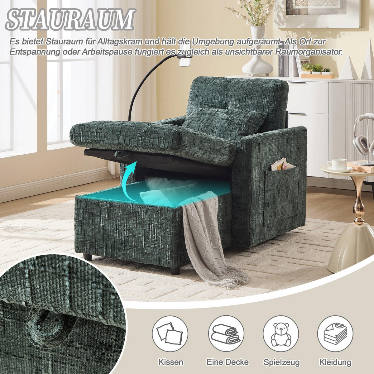 SCHLAFSOFA in Smaragdgrün aus Chenille mit Handyhalterung & Stauraum - Grün, Textil (84.5/87/125cm) - Urban Meuble