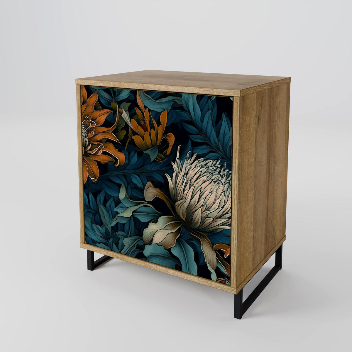 SIDEBOARD MORNING BLOOM, Eichefarben, 57,5x42x72,5 cm, Schwarze Metallfüße - Eichefarben/Multicolor, Holzwerkstoff/Metall (57.5/72.5/42cm) - SpaceRebels