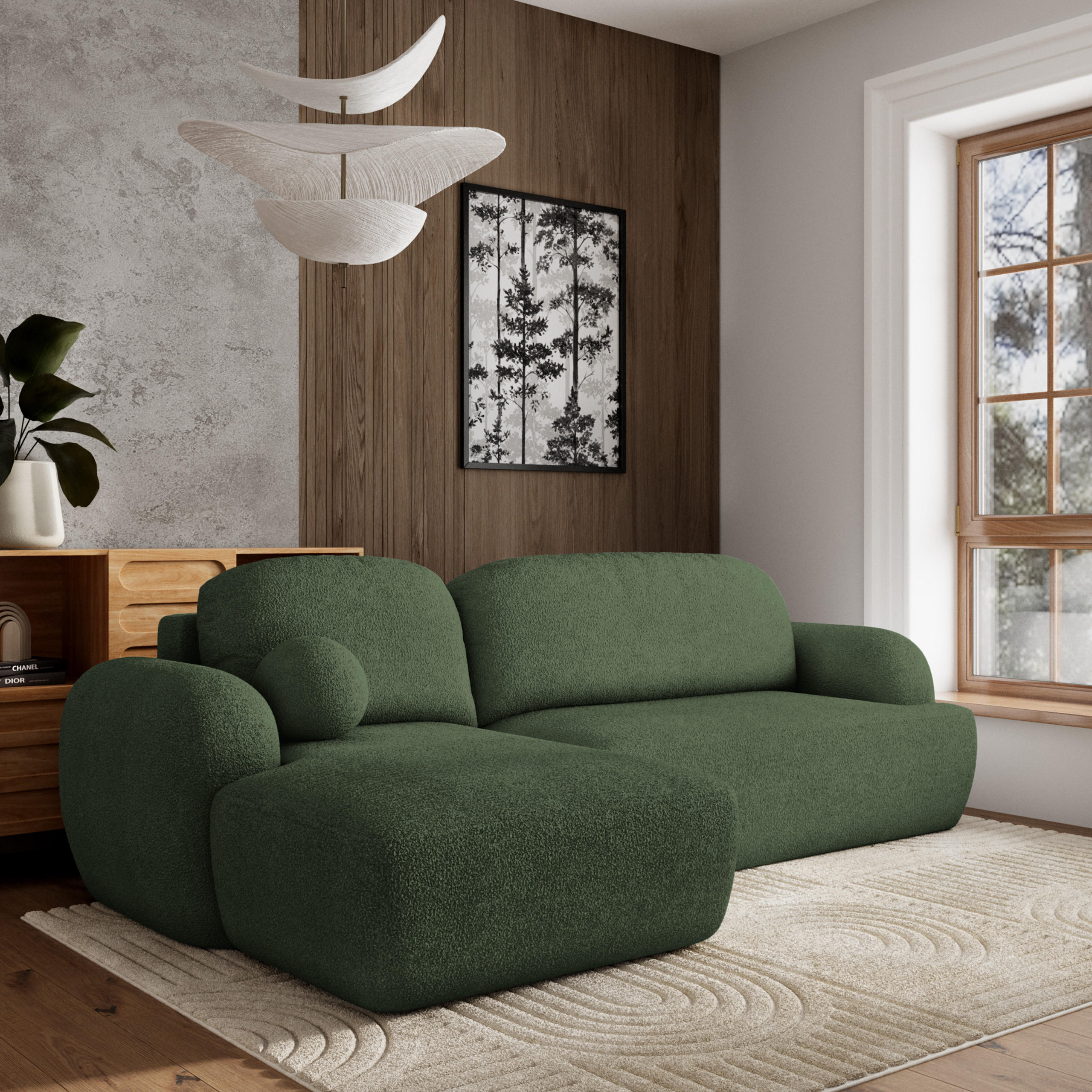 ECKSOFA MODENZA N L-S Grün Boucle-Stoff mit Schlaffunktion - Grün, Holz (266/148cm) - MASSENO