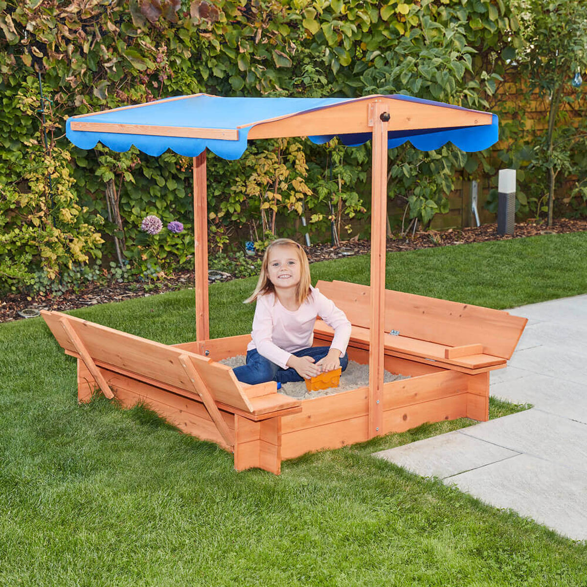 SANDKASTEN mit Sonnensegel BUDDELKISTE - 110 x 110 cm - Blau/Naturfarben, Holz (110/110/110cm) - Home Deluxe