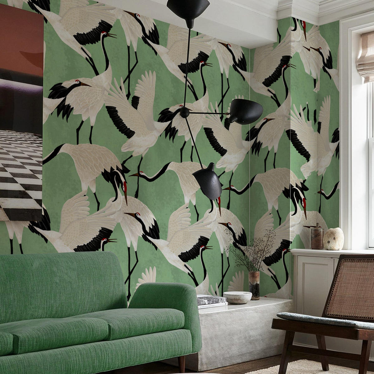 TAPETE Reiher aus echtem Papier, 200x280cm, 8 Bögen - Grün, Papier (200/280cm) - WALLPAPERS4BEGINNERS