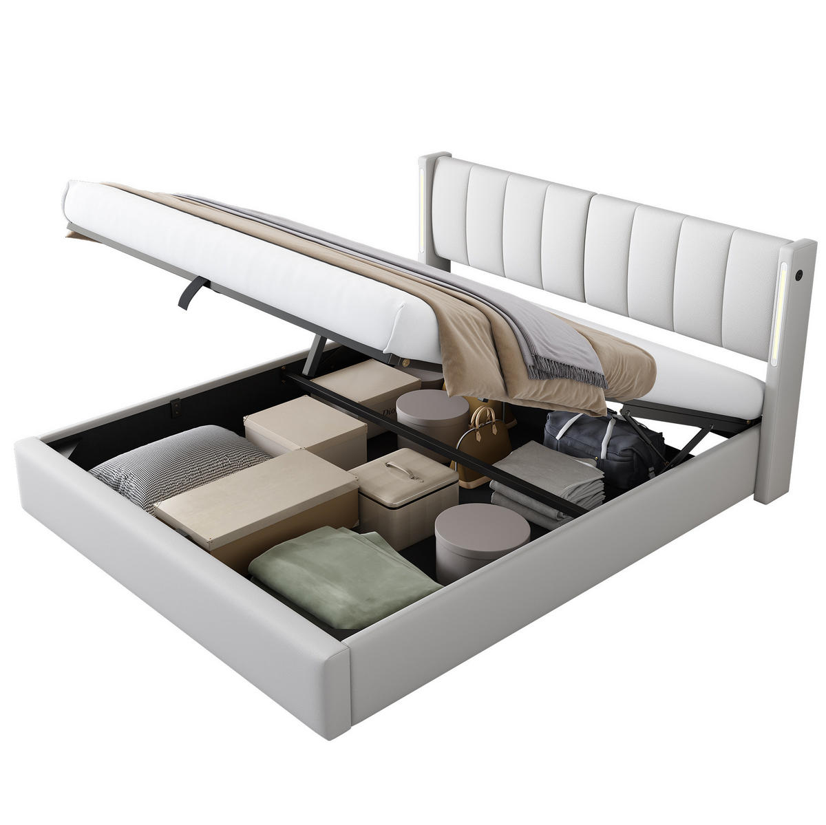 POLSTERBETT aus PU 160x200 cm Weiß mit USB-Anschluss, LED-Beleuchtung, verstellbarem Kopfteil und Bettkasten - Weiß, Kunststoff (160/200cm) - Modfu