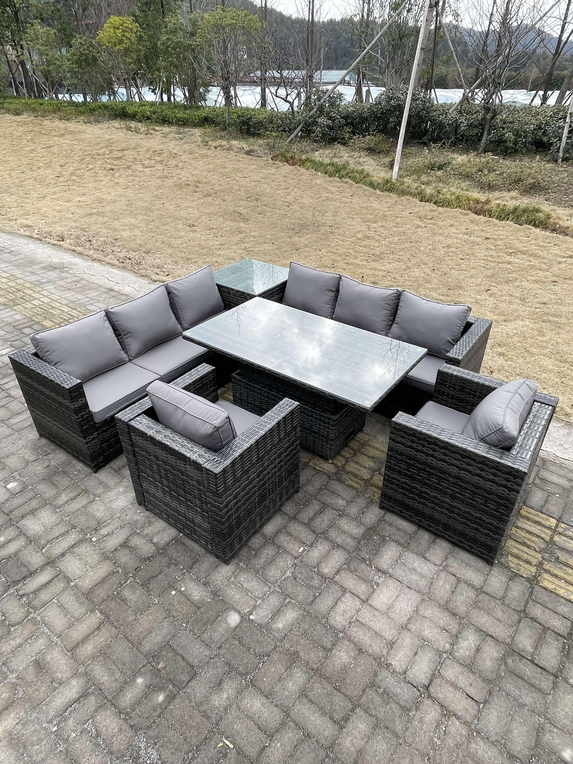 GARTENTISCHGRUPPE Polyrattan 8-Sitzer - Dunkelgrau/Grau, Glas/Kunststoff - Fimous