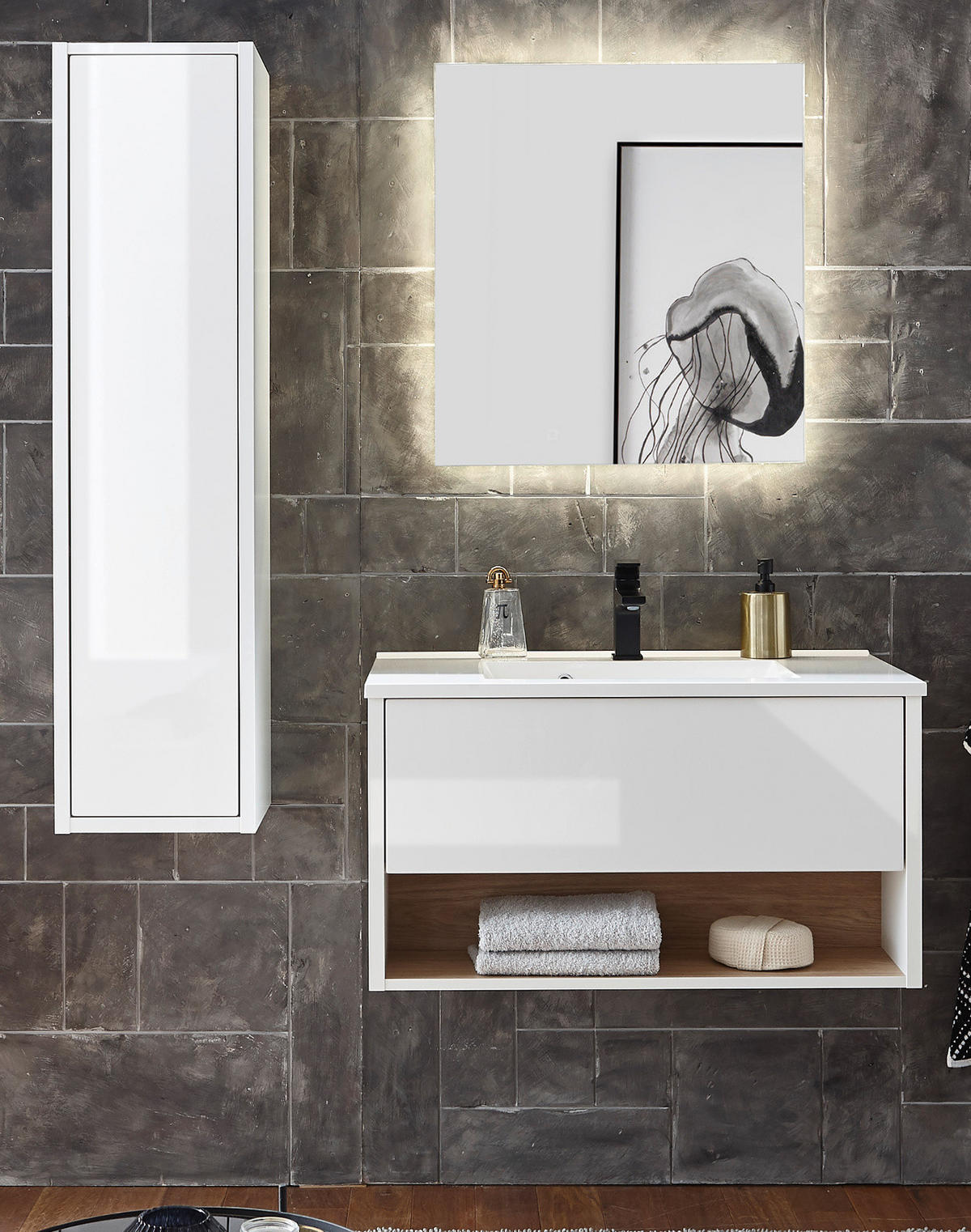 BADMÖBE-SET weiß Hochglanz, Eiche 3-teilig 120 cm, Komplettset mit Waschbecken, LED Beleuchtung - Weiß Hochglanz/Eichefarben, Glas/Holzwerkstoff (120/190/47cm) - Furn.Design