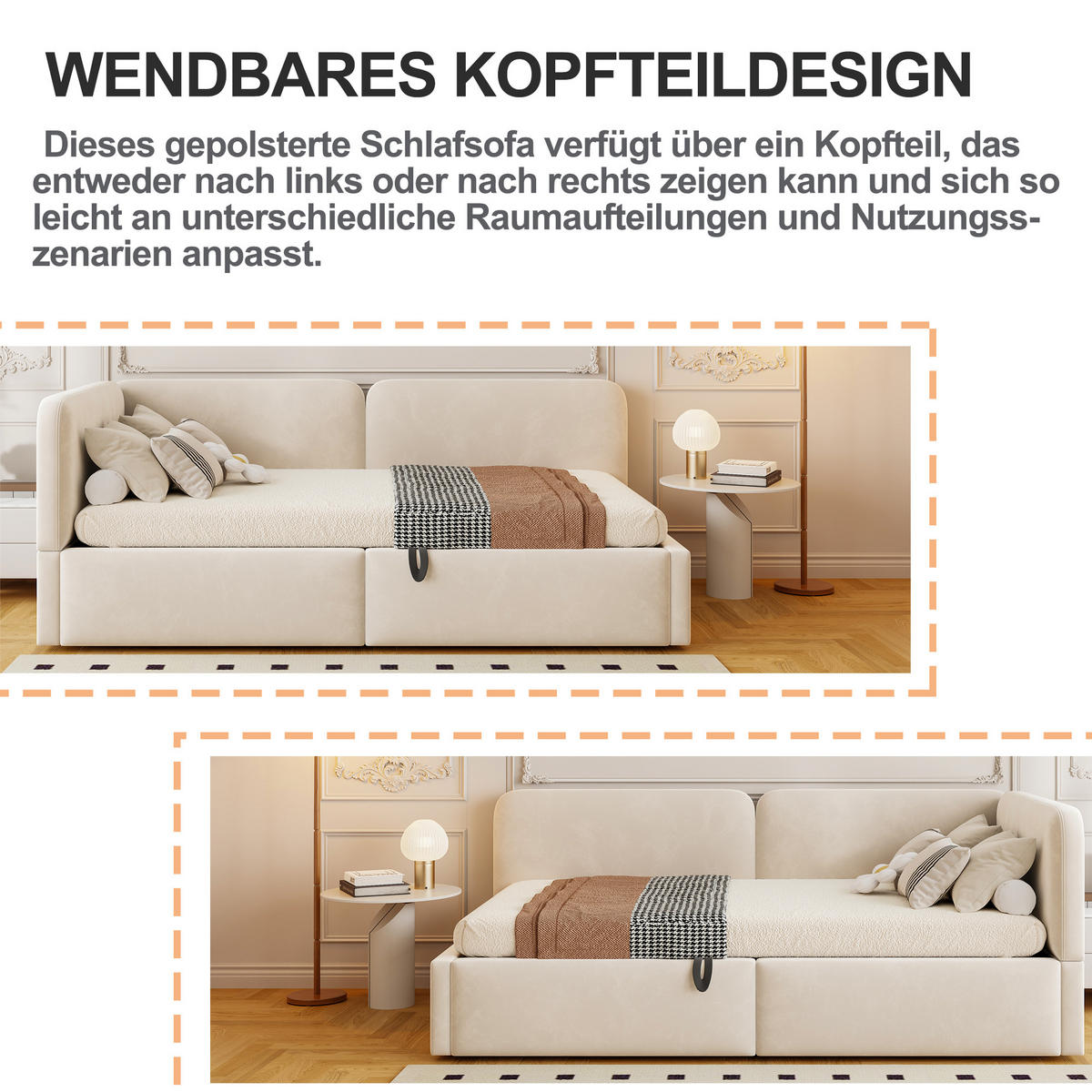 TAGESBETT 90/200 mit Bettkasten, Samtbezug, Lattenrost, Beige - Beige, Holz/Textil - LVHOM