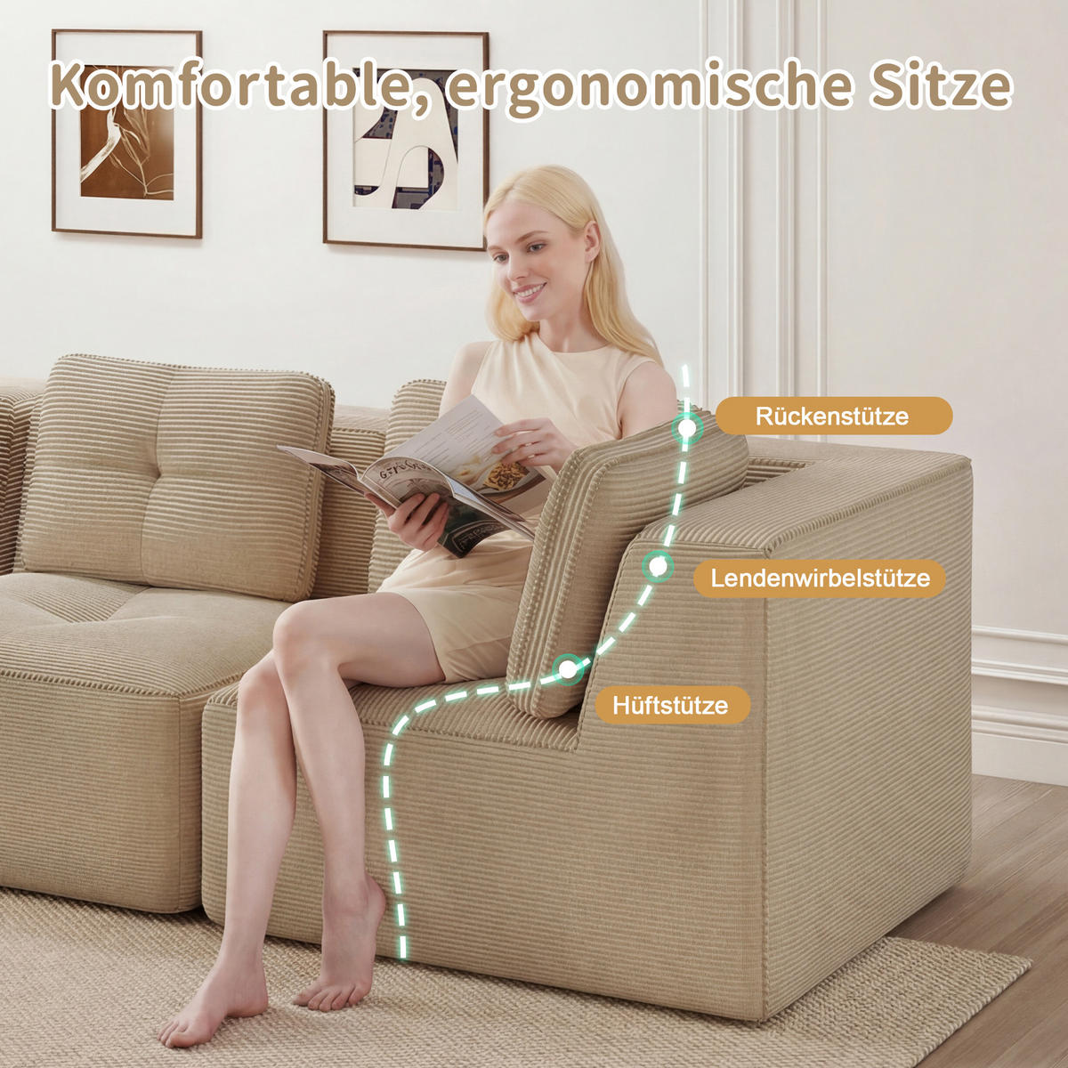 ECKSOFA aus Cord mit modularem Design Beige - Beige, Textil (104/177cm) - Modenvie