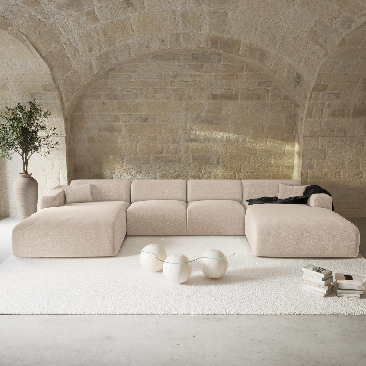 WOHNLANDSCHAFT Rastergewebe Beige 356cm - Beige, Textil (356/73/166cm) - Sia Home